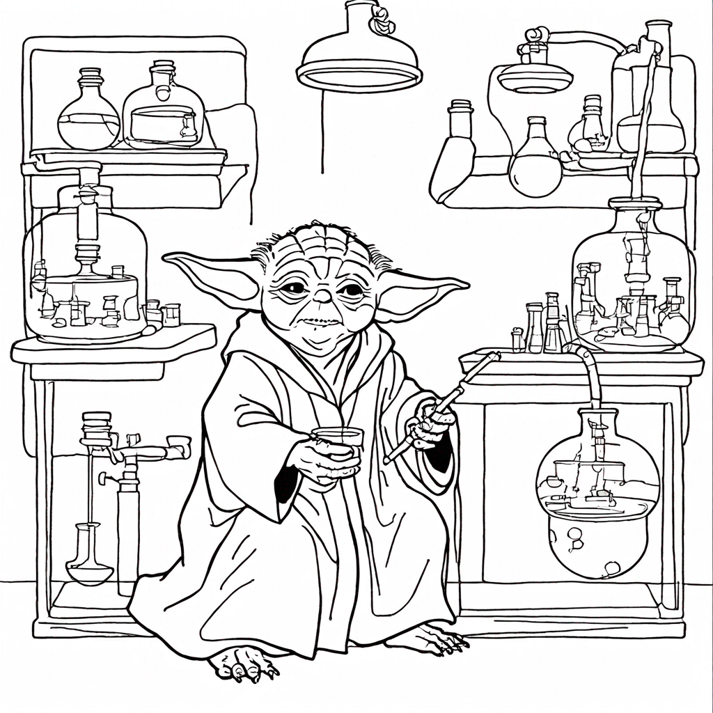 Yoda Science Lab Experiment coloring page from yoda theme - free printable line art for kids and adults